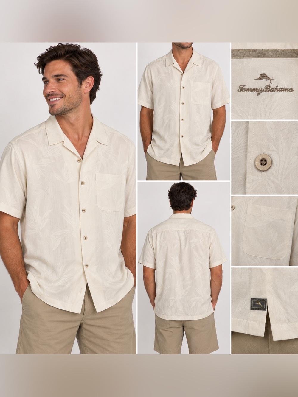 Tommy Bahama Men’s Large 100% Silk Shirt Ivory Tropical Jacquard Short Sleeve